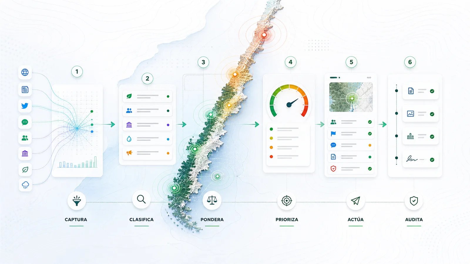 Metodología Terra Radar sobre mapa de Chile: capturar, clasificar, ponderar, priorizar, actuar y auditar
